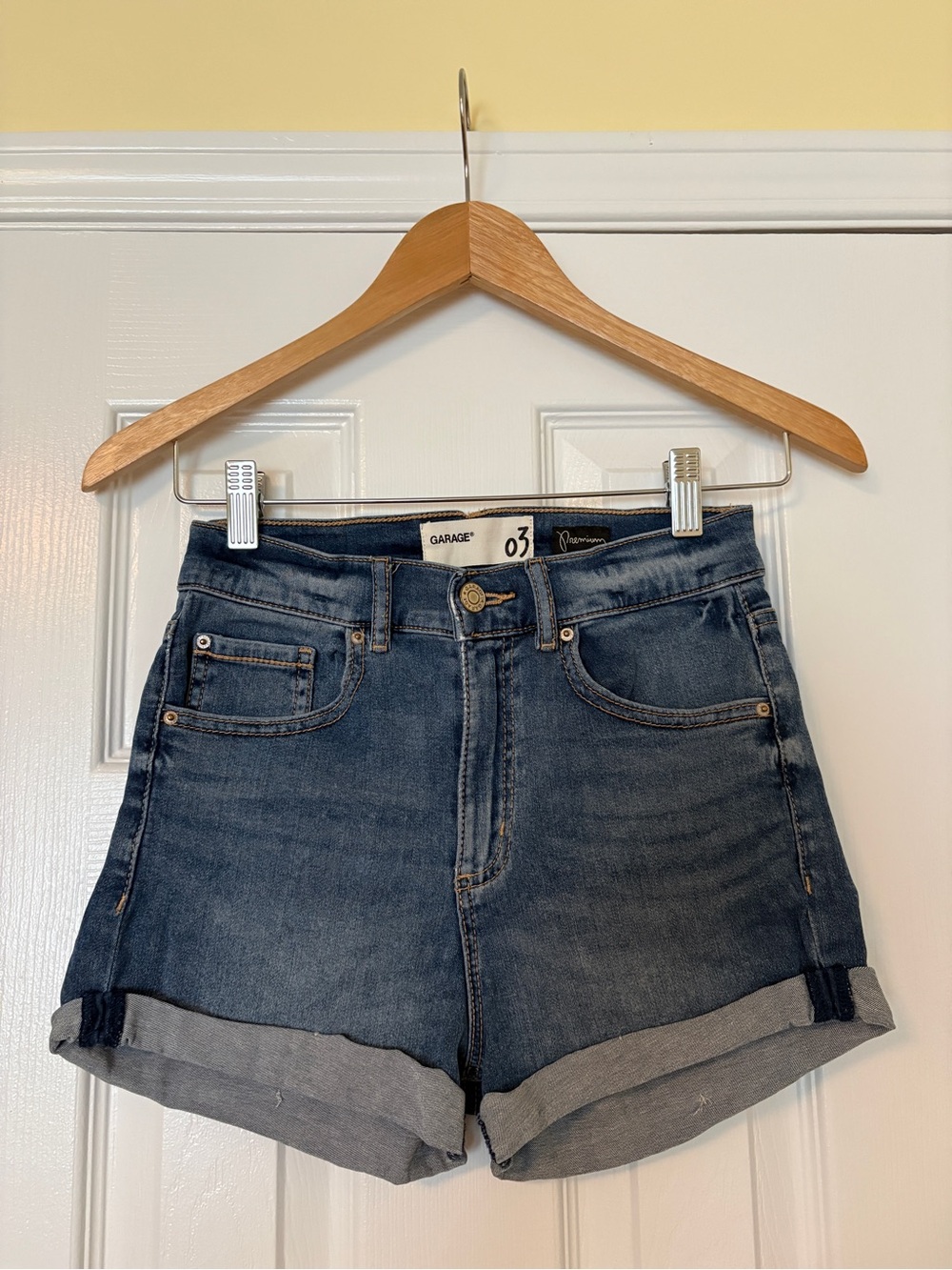 Garage High Waist Denim Shorts in Medium Blue
